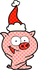 cheerful sitting pig hand drawn comic book style illustration of a wearing santa hat