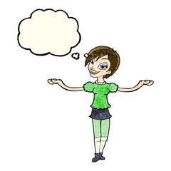 cartoon woman making open arm gesture with thought bubble