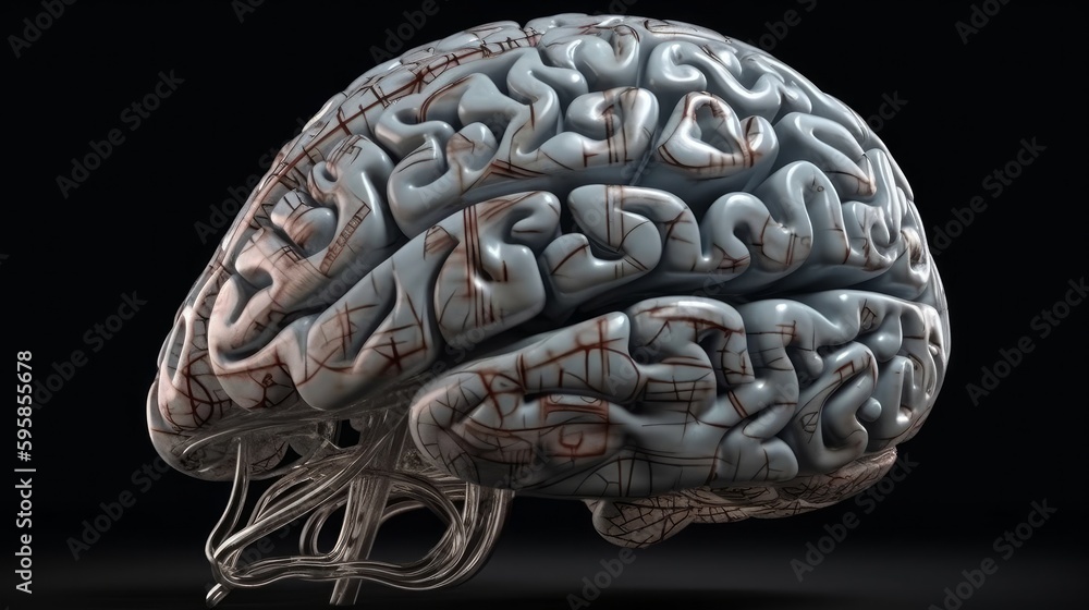 Poster colorful 3d brain illustration in low key on dark bg. generative ai