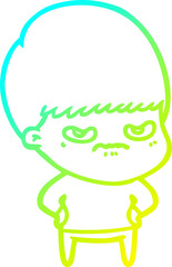 cold gradient line drawing of a annoyed cartoon boy