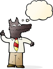 cartoon business wolf with idea with thought bubble