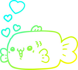 cold gradient line drawing of a cute cartoon fish with love hearts