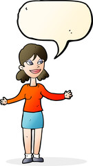 cartoon happy woman shrugging shoulders with speech bubble