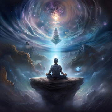 Meditation in rocky magical fantasy landscape. Generative AI.