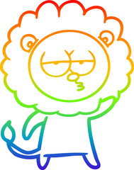 rainbow gradient line drawing of a cartoon bored lion waving