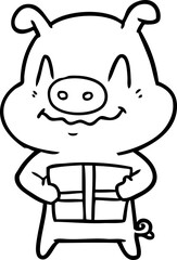 nervous cartoon pig with present