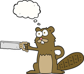 freehand drawn thought bubble cartoon beaver with saw - obrazy, fototapety, plakaty