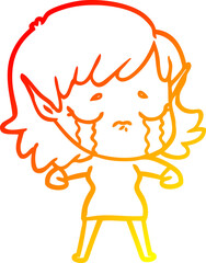 warm gradient line drawing of a cartoon crying elf girl