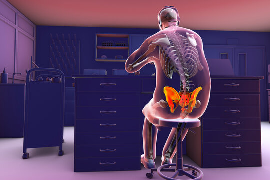 A man sitting in a laboratory with a highlighted skeleton, 3D illustration