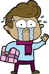 cartoon crying man with present