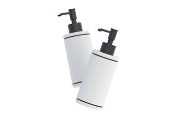 Falling bottles for liquid soap isolated on white background. Dispenser pump. Cosmetic accessories. 3d render