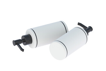 Scattered bottles for liquid soap isolated on white background. Dispenser pump. Cosmetic accessories. 3d render