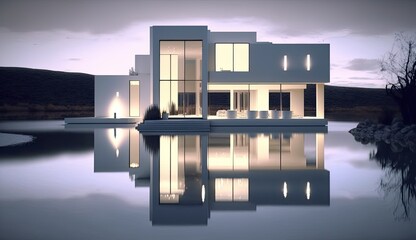 Modern lakeside house with amazing water mirror, where it is an experience to live. Generative AI Technology 