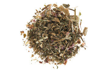 Overhead view of dried clary sage (Salvia sclarea), isolated on white background