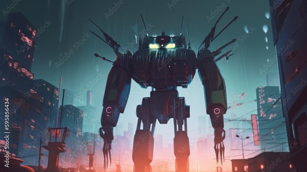 Aufkleber a giant robot standing in the middle of a city. ai generative image.