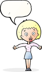 cartoon woman shrugging shoulders with speech bubble