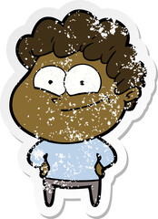 distressed sticker of a cartoon happy man