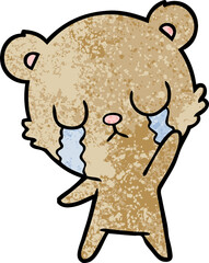 crying cartoon bear waving