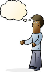 cartoon man shrugging shoulders with thought bubble
