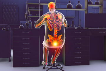 A man in a laboratory setting experiencing pain in his coccyx, conceptual 3D illustration