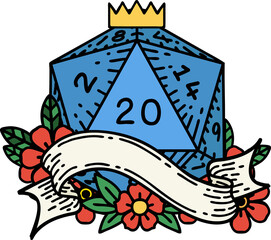 Retro Tattoo Style natural twenty D20 dice roll