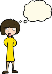 cartoon curious woman with thought bubble