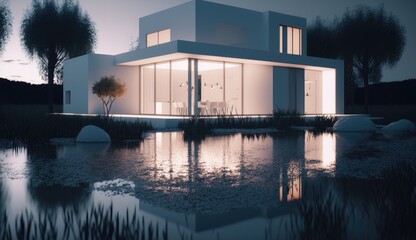 Modern lakeside house with amazing water mirror, where it is an experience to live. Generative AI Technology 