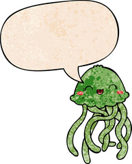 cute cartoon jellyfish with speech bubble in retro texture style