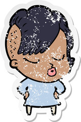 distressed sticker of a cartoon pretty hipster girl
