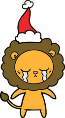 crying hand drawn line drawing of a lion wearing santa hat