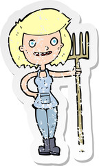 retro distressed sticker of a cartoon happy farmer girl