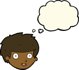 cartoon happy boy's face with thought bubble