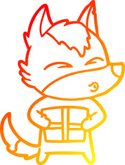 warm gradient line drawing of a cartoon christmas wolf whistling