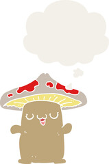 cartoon mushroom creature with thought bubble in retro style
