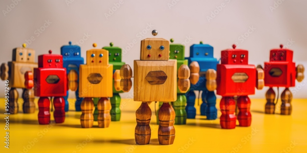 Poster a group of wooden robots standing next to each other. ai generative image.