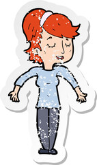 retro distressed sticker of a cartoon friendly woman shrugging shoulders