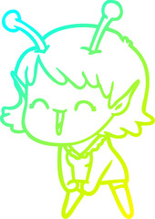 cold gradient line drawing of a cartoon alien girl laughing
