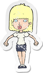 retro distressed sticker of a cartoon woman shrugging shoulders