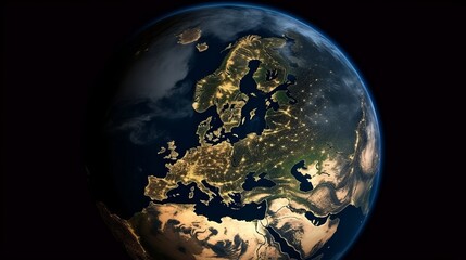 Europe at night viewed from space with city lights showing. AI generated
