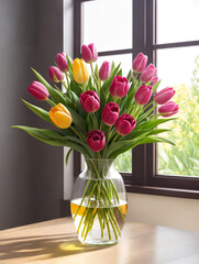 Bouquet of tulips in vase on table near window. AI-generated