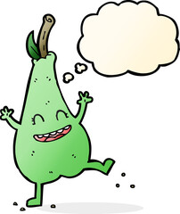 cartoon happy dancing pear with thought bubble