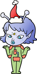 pretty hand drawn gradient cartoon of a alien girl wearing santa hat