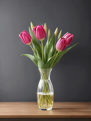 Obraz premium Bouquet of pink tulips in vase on wooden table. AI-generated