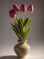 Bouquet of pink tulips in a vase on a gray background. AI-generated