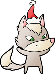 friendly hand drawn gradient cartoon of a wolf wearing santa hat