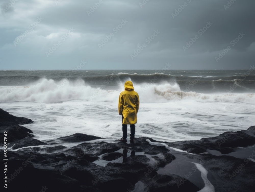 Poster a person in a yellow raincoat standing on rocks in front of the ocean. ai generative image.