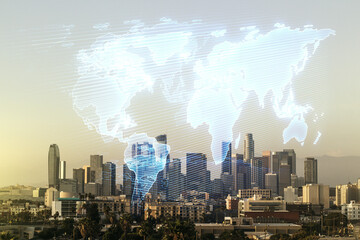 Abstract creative digital world map on Los Angeles cityscape background, globalization concept. Multiexposure
