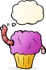cartoon worm in cupcake with thought bubble