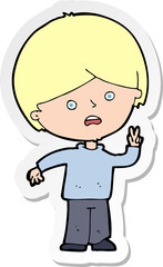 sticker of a cartoon unhappy boy giving peace sign