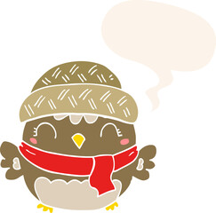 cute cartoon owl in hat with speech bubble in retro style